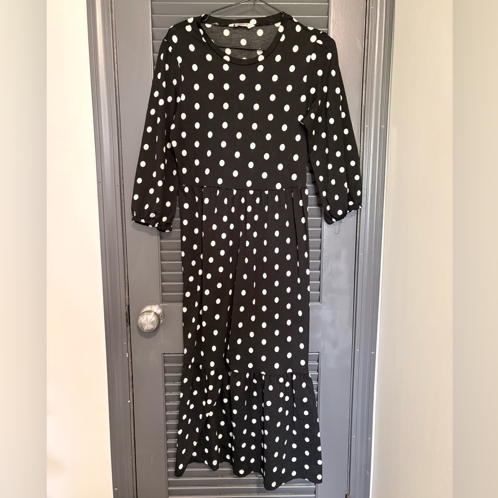 Stradivarius Black Dress with White Polka Dots